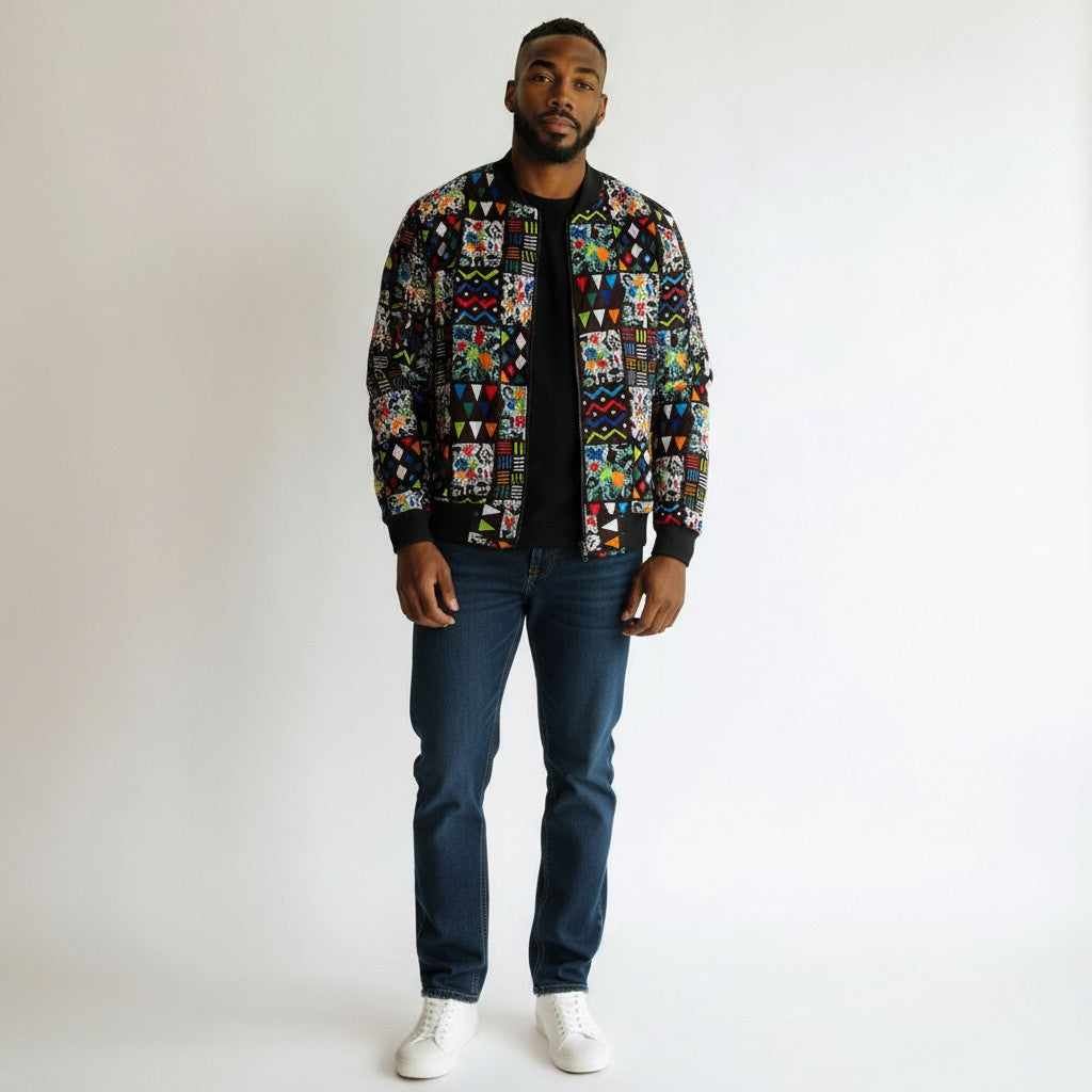 African Ankara Bomber Symbolic Cubes Pattern