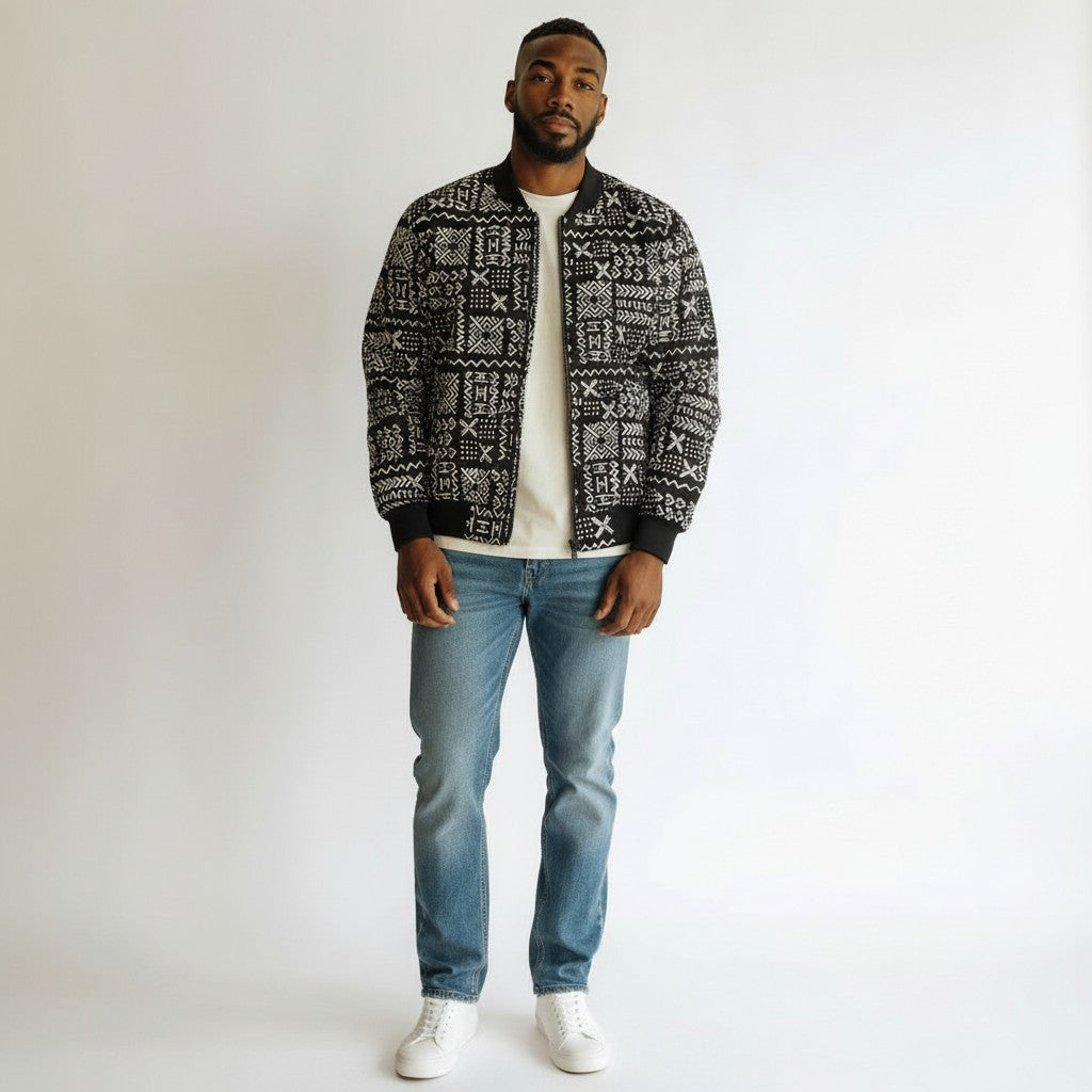African Ankara Bomber Black and White Pattern