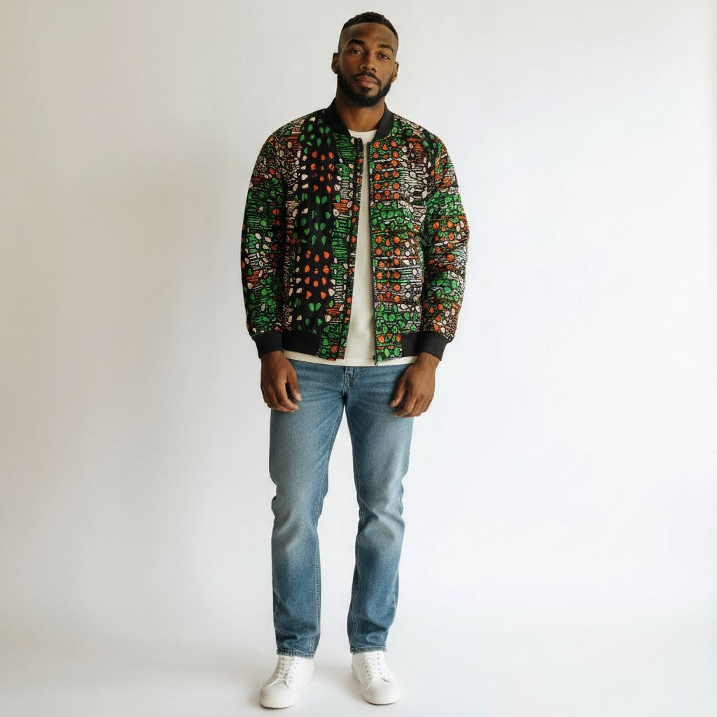 African Ankara Bomber Jacket Glymph Pattern