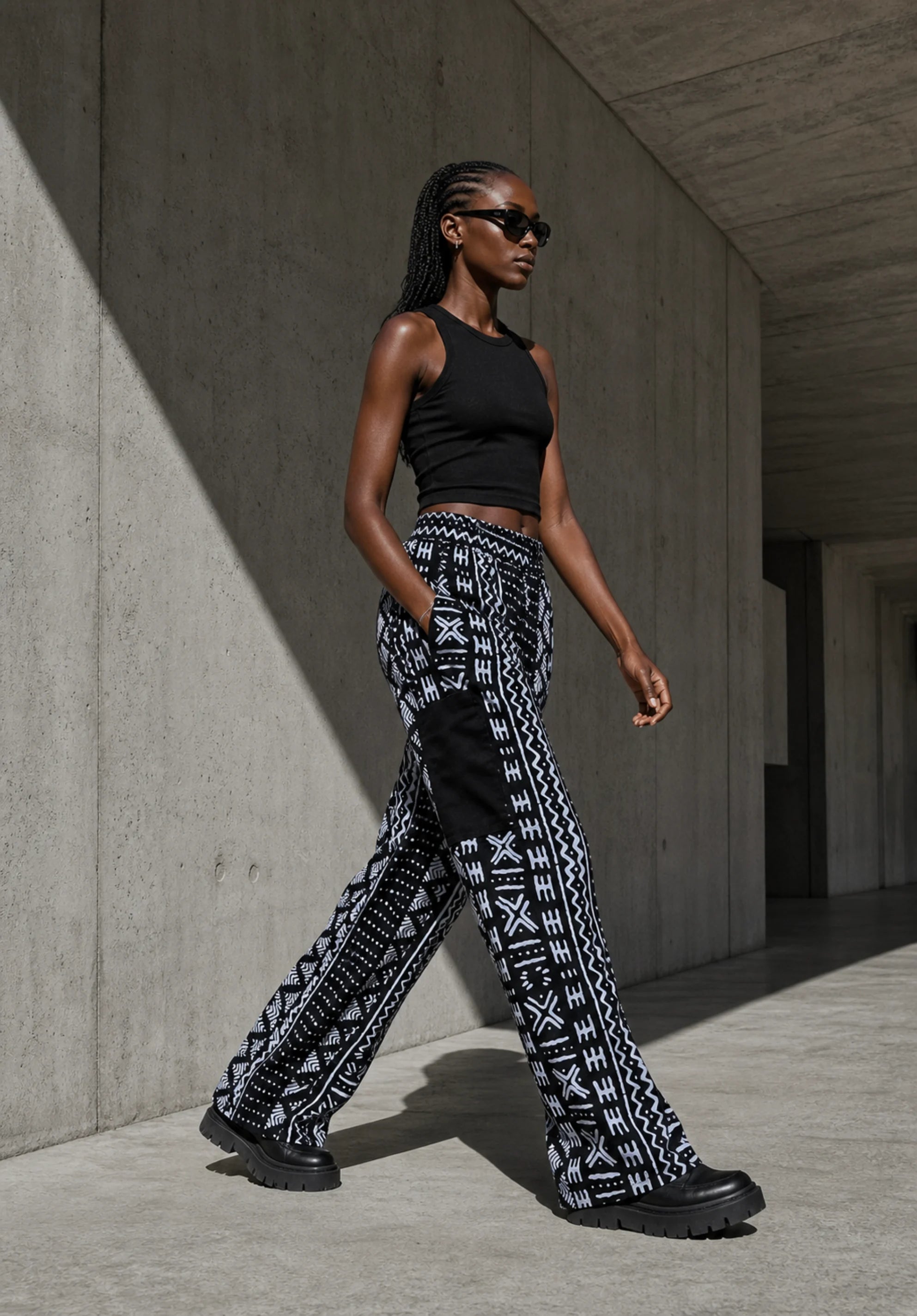Unisex Kitenge Trousers – black-white Geometric Print