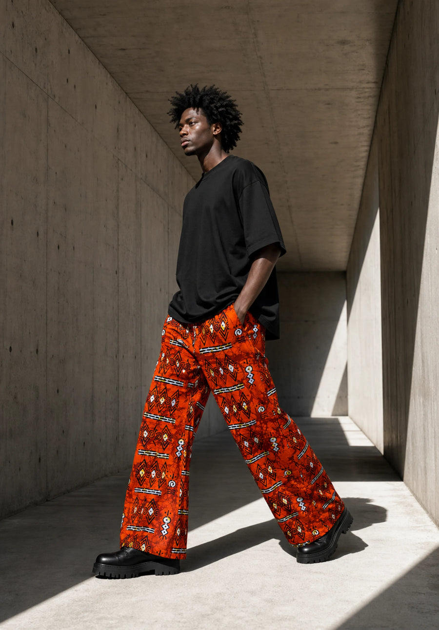 Unisex Kitenge Trousers – Orange Geometric Print