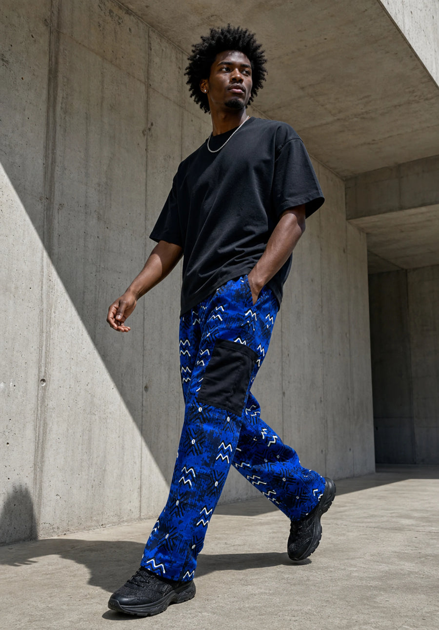 Unisex Kitenge Cargo Trousers – Blue Geometric Print