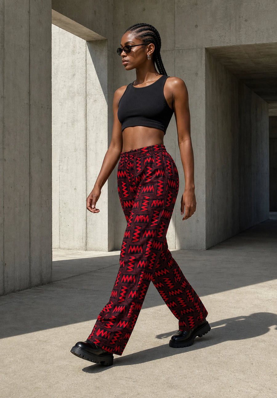 Unisex Kitenge Trousers – Red Geometric Print