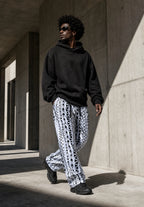 Unisex Kitenge Wide-leg Trousers – White Geometric Print