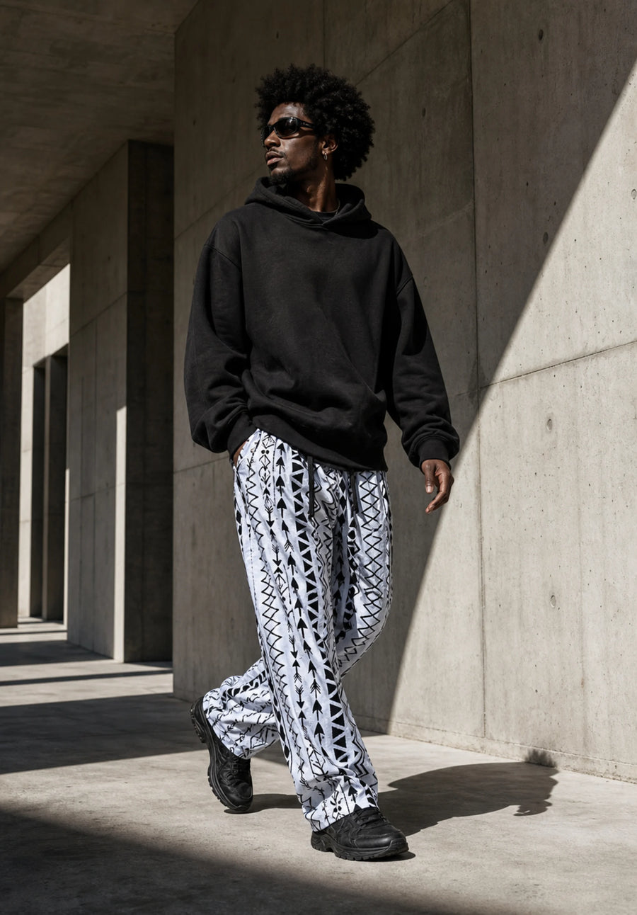 Unisex Kitenge Wide-leg Trousers – White Geometric Print