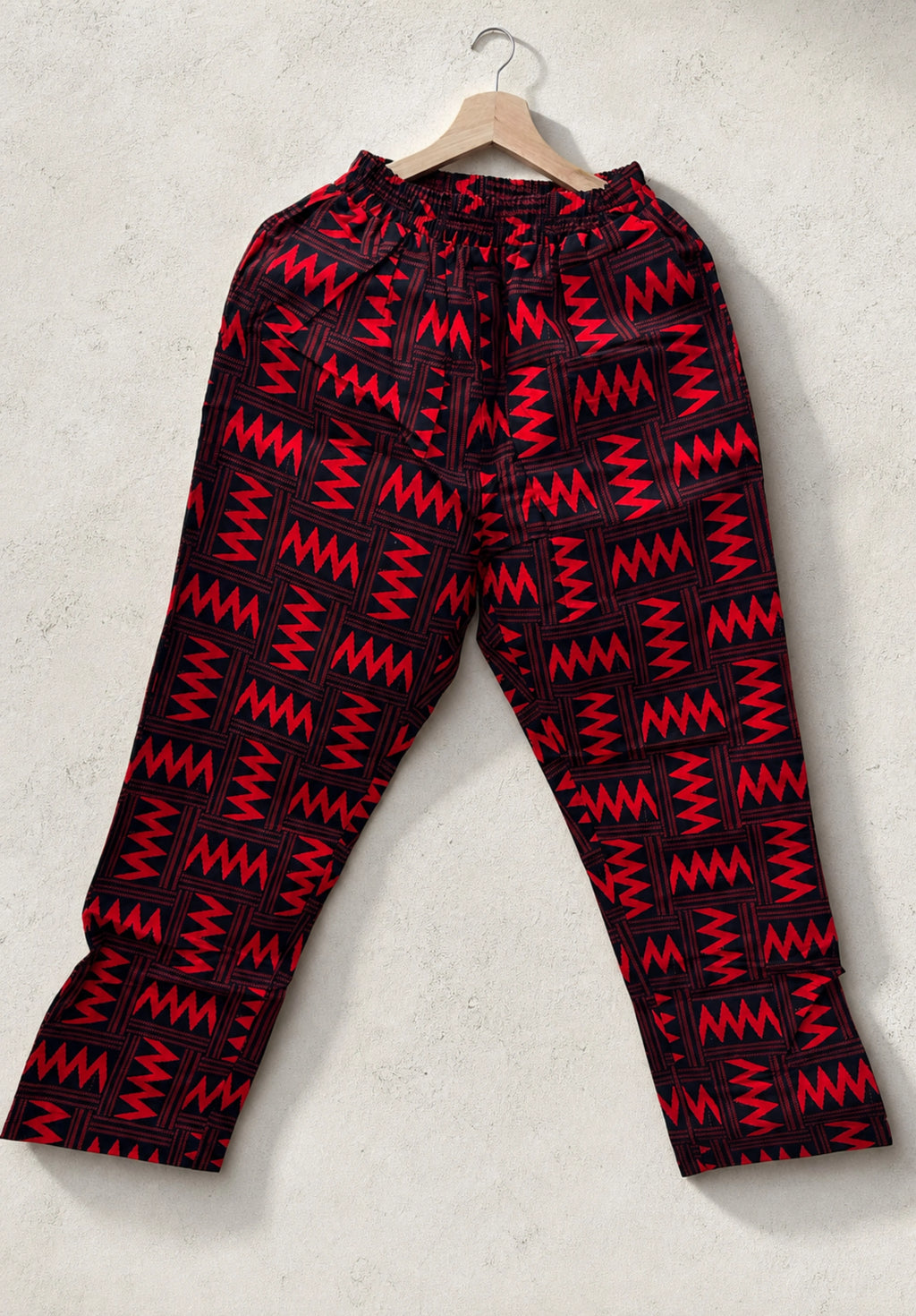 Unisex Kitenge Trousers – Red Geometric Print