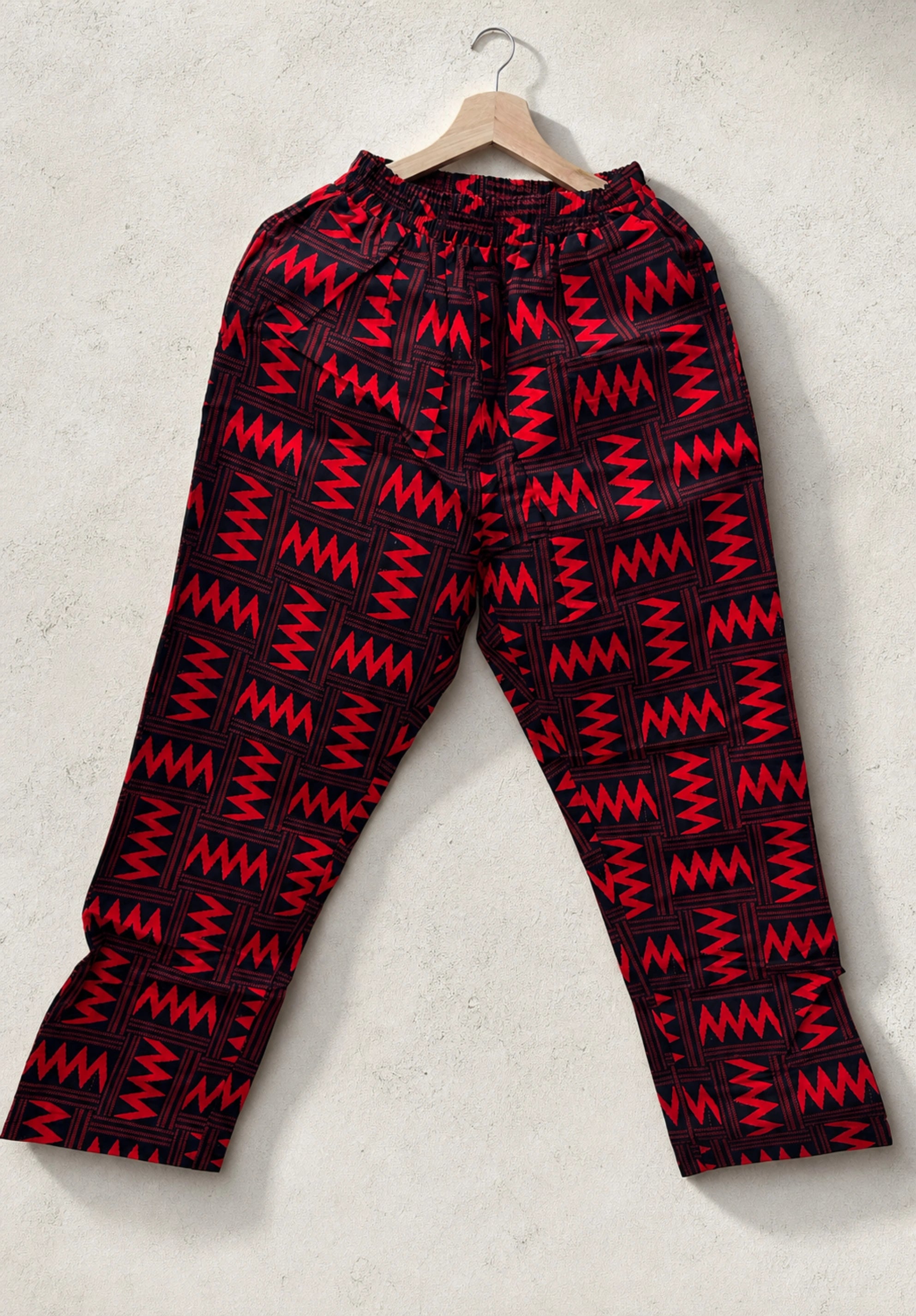 Unisex Kitenge Trousers – Red Geometric Print
