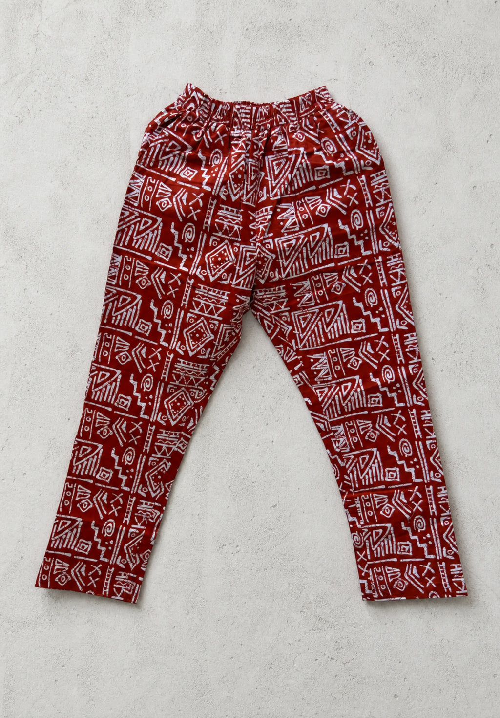 Unisex Kitenge Trousers – Crimson Geometric Print