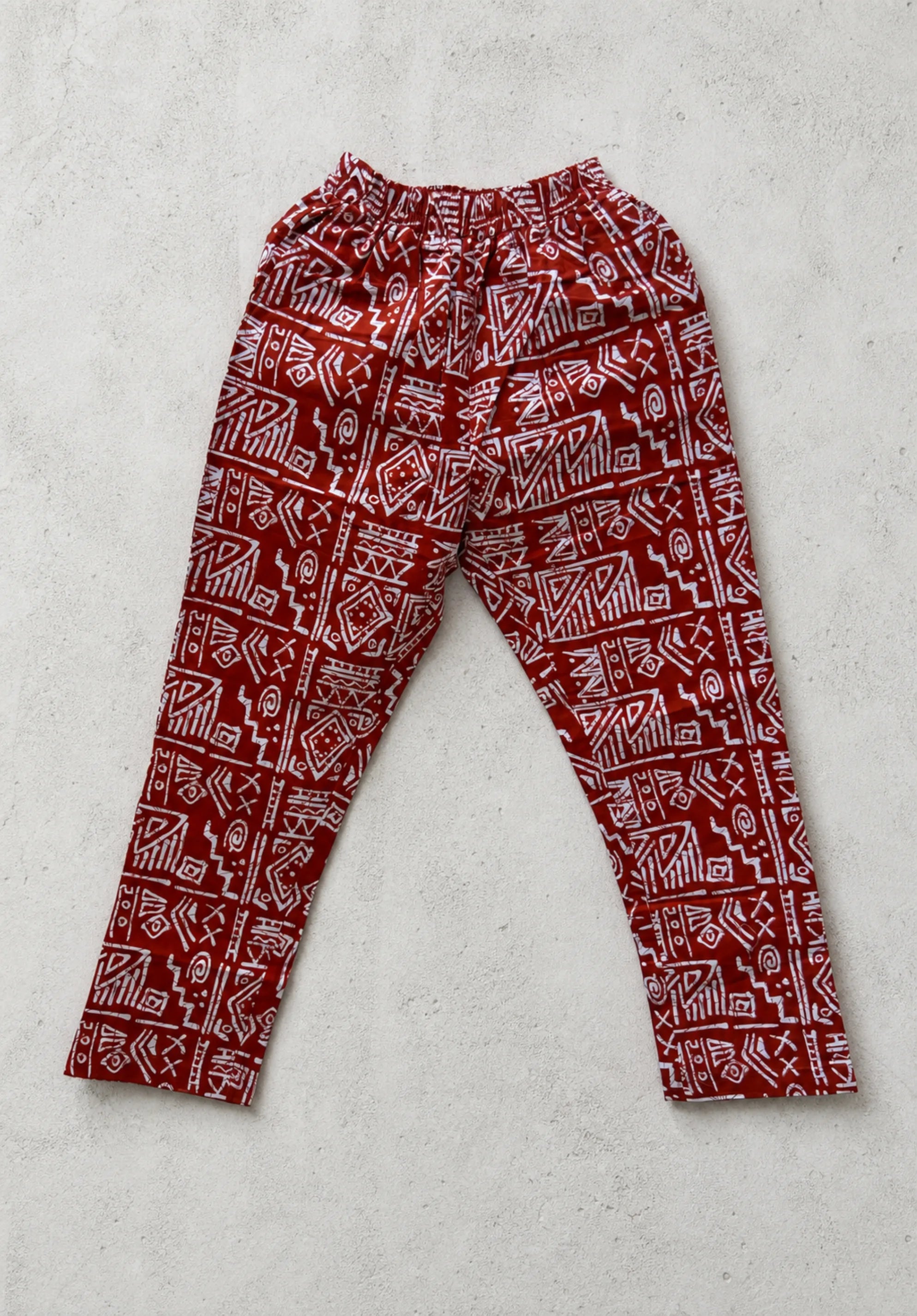 Unisex Kitenge Trousers – Crimson Geometric Print