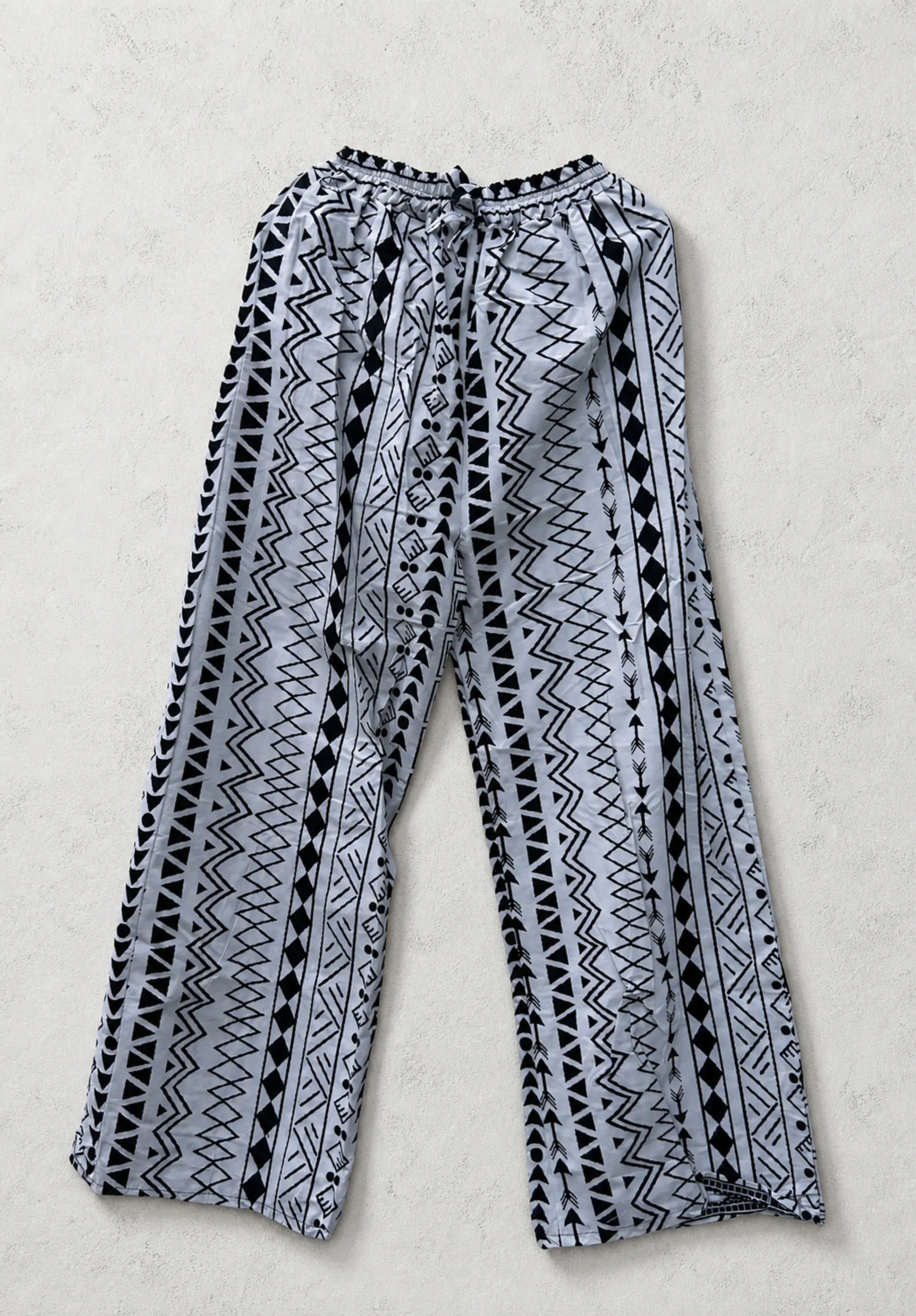 Unisex Kitenge Wide-leg Trousers – White Geometric Print