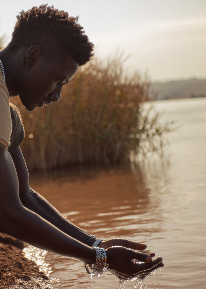 Person sitting by a body of water with sunset or sunrise in the background