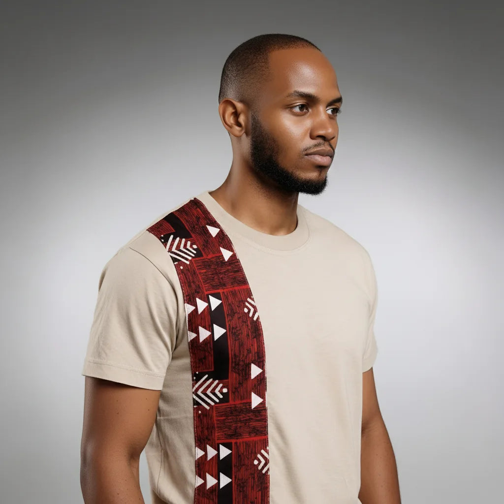 Unisex crewneck t-shirt with African print - ecru panel