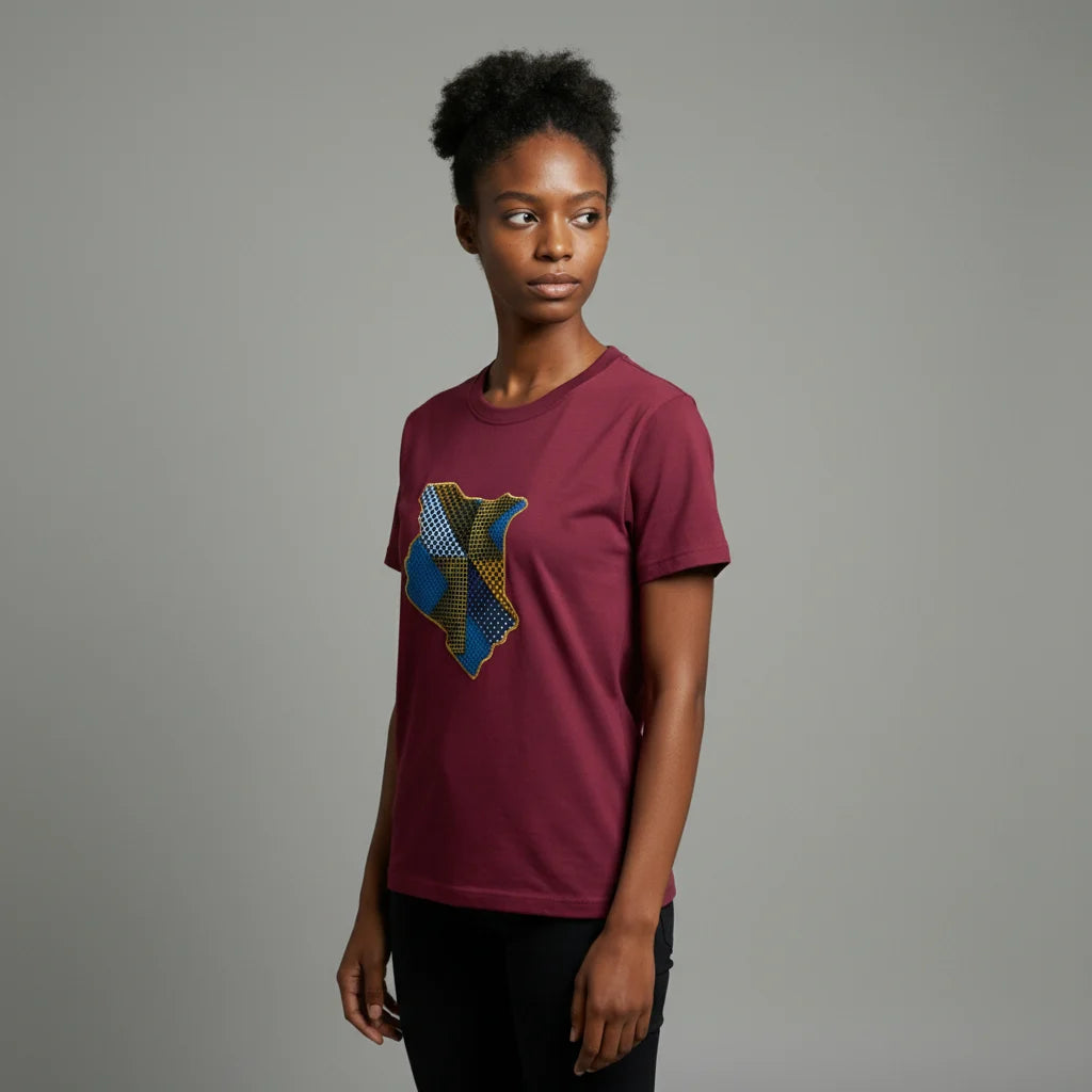 Unisex crewneck t-shirt with African print - maroon map
