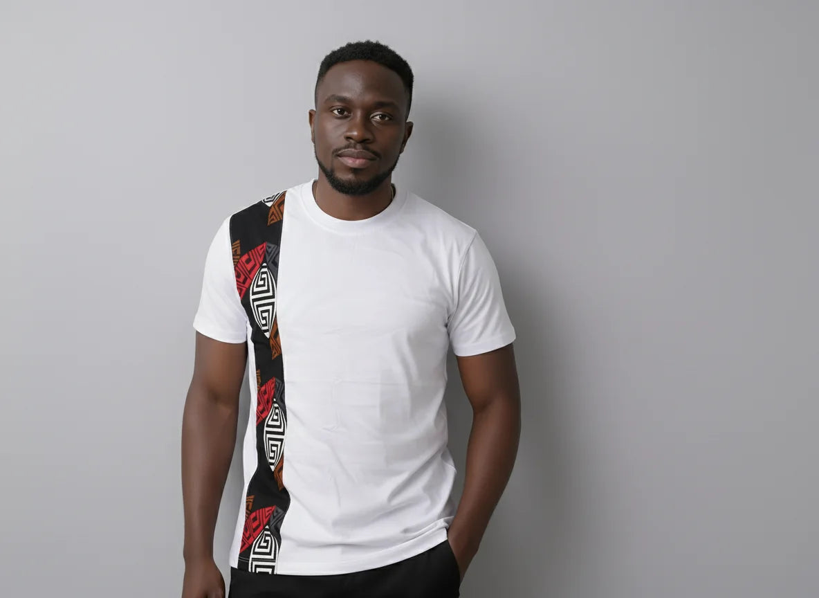 Unisex crewneck t-shirt with African print - white panel
