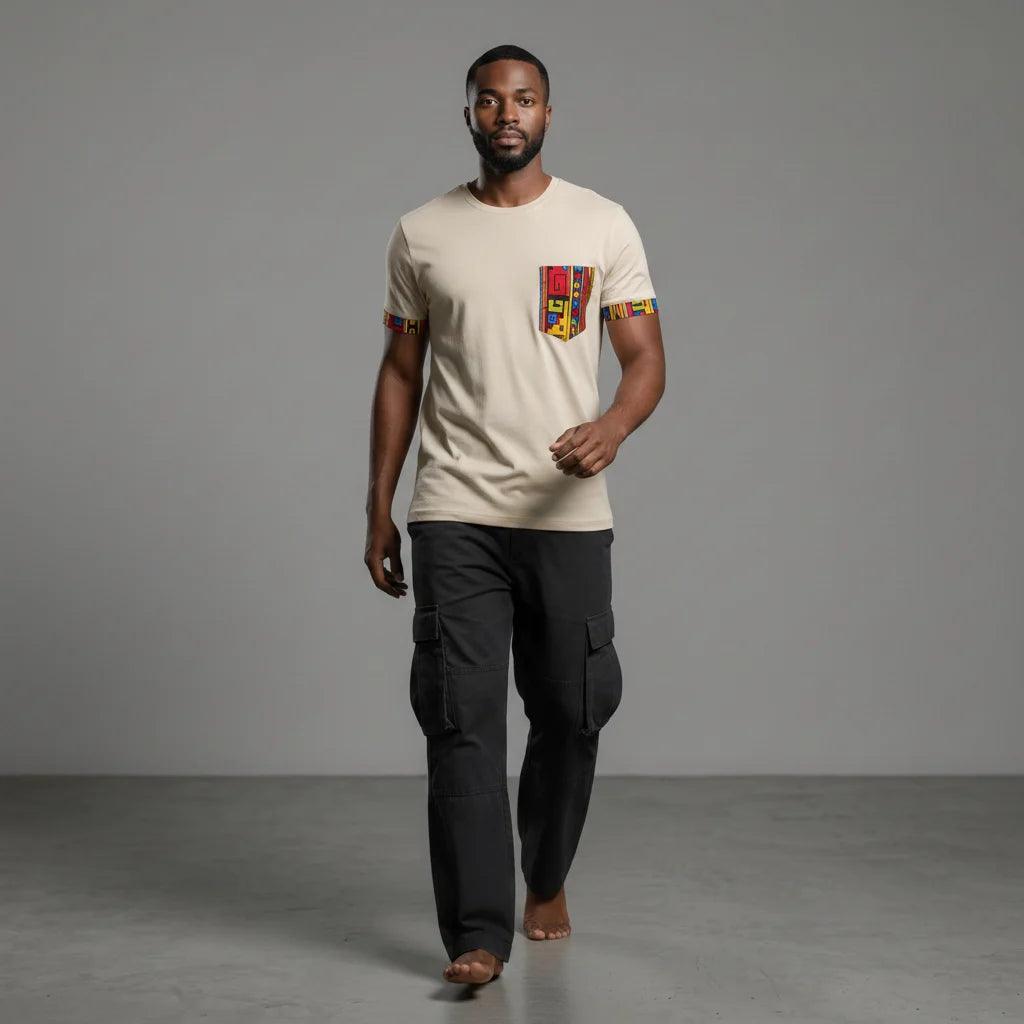 Unisex crewneck t-shirt with African print - ecru pocket