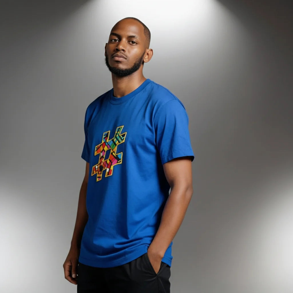 Unisex crewneck t-shirt with African print - blue hashtag