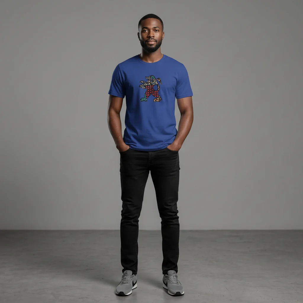 Unisex crewneck t-shirt with African print - blue lion