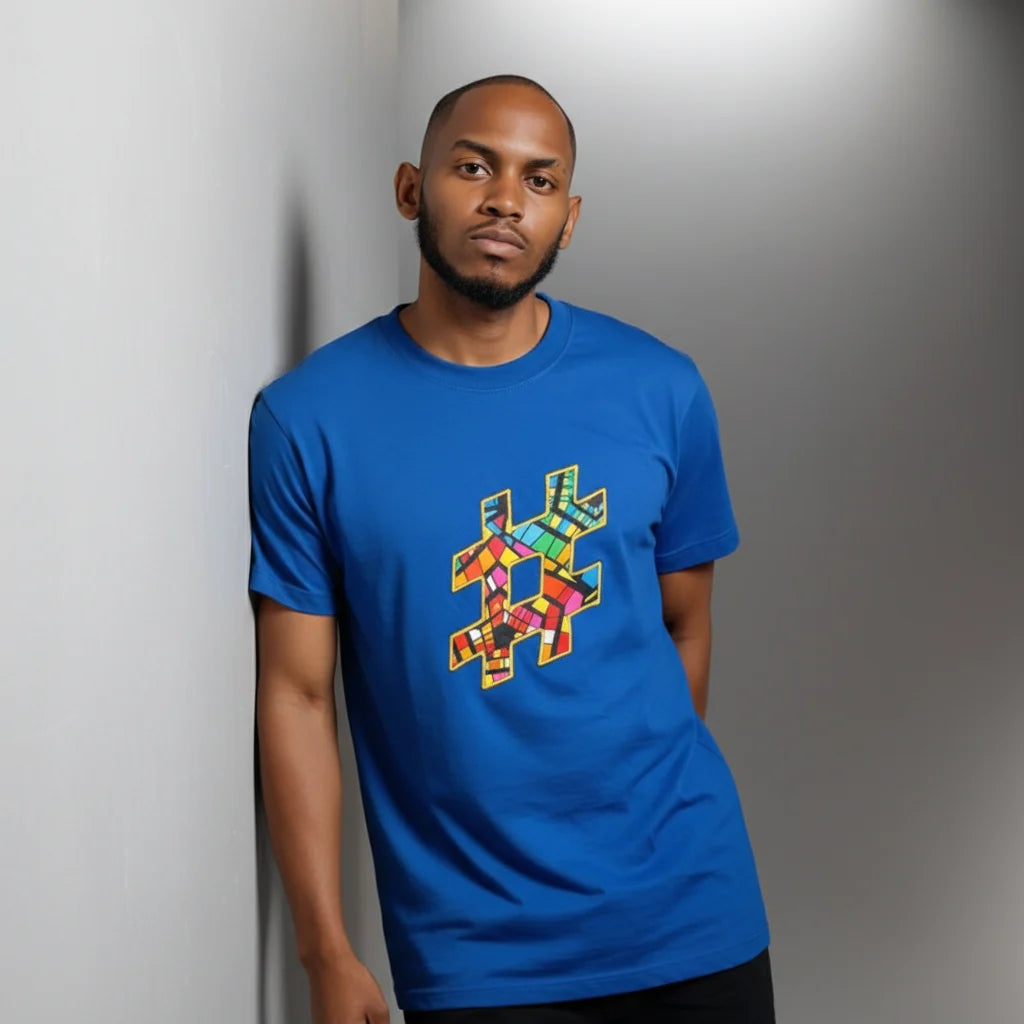 Unisex crewneck t-shirt with African print - blue hashtag