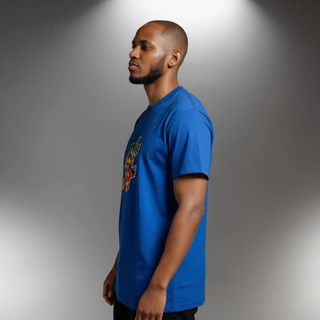 Unisex crewneck t-shirt with African print - blue hashtag