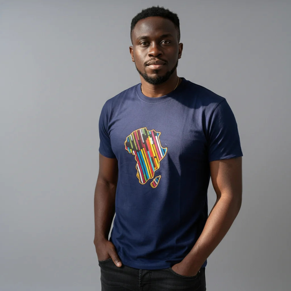 Unisex crewneck t-shirt with African print - navy chest