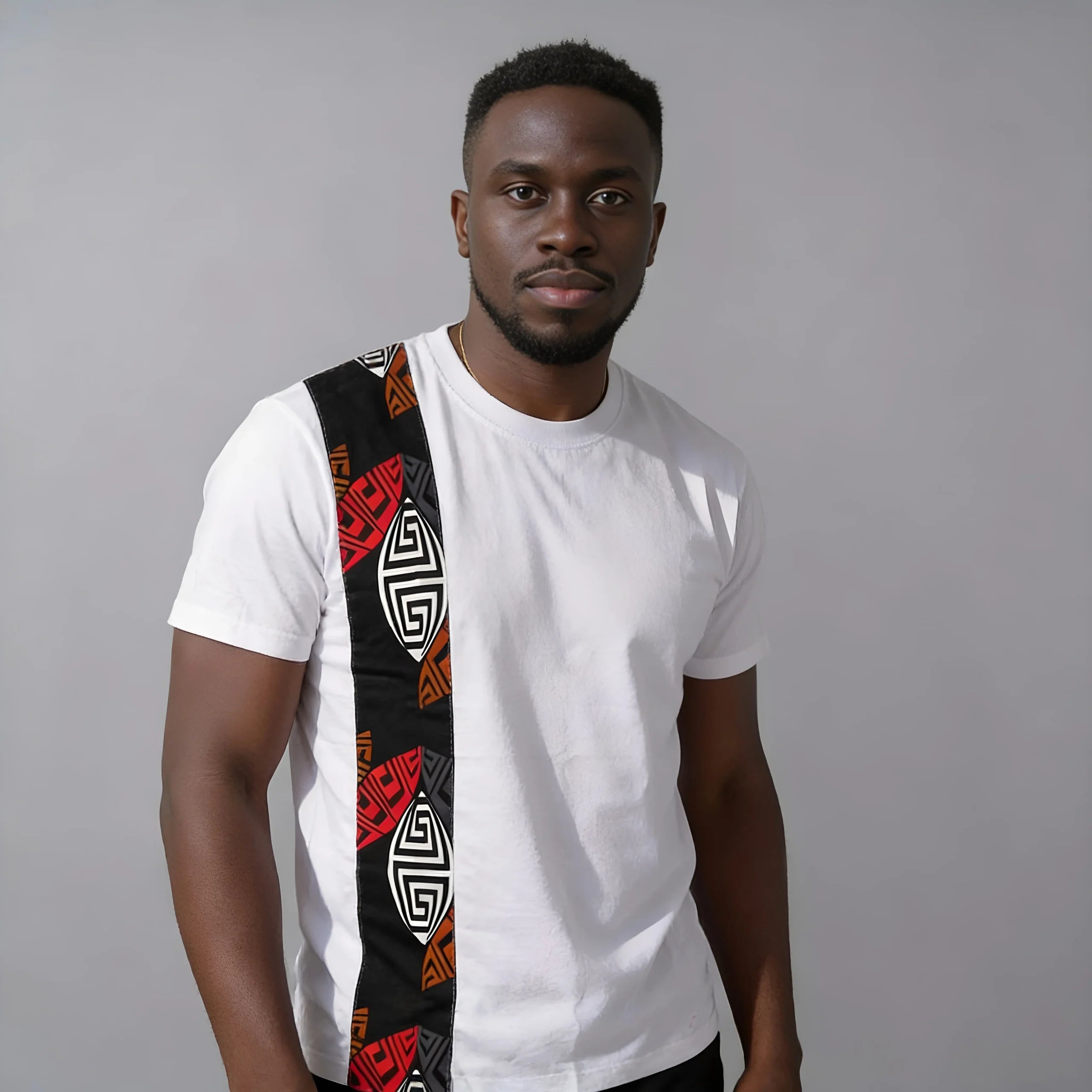 Unisex crewneck t-shirt with African print - white panel