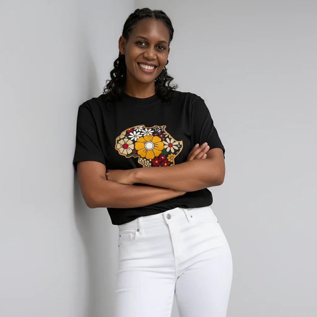 Unisex crewneck t-shirt with African print - black map