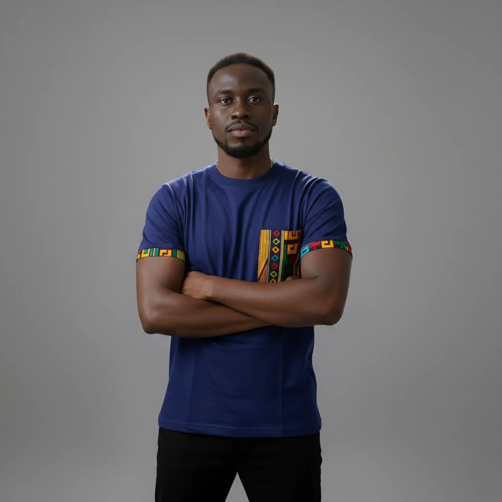 Unisex crewneck t-shirt with African print - blue pocket