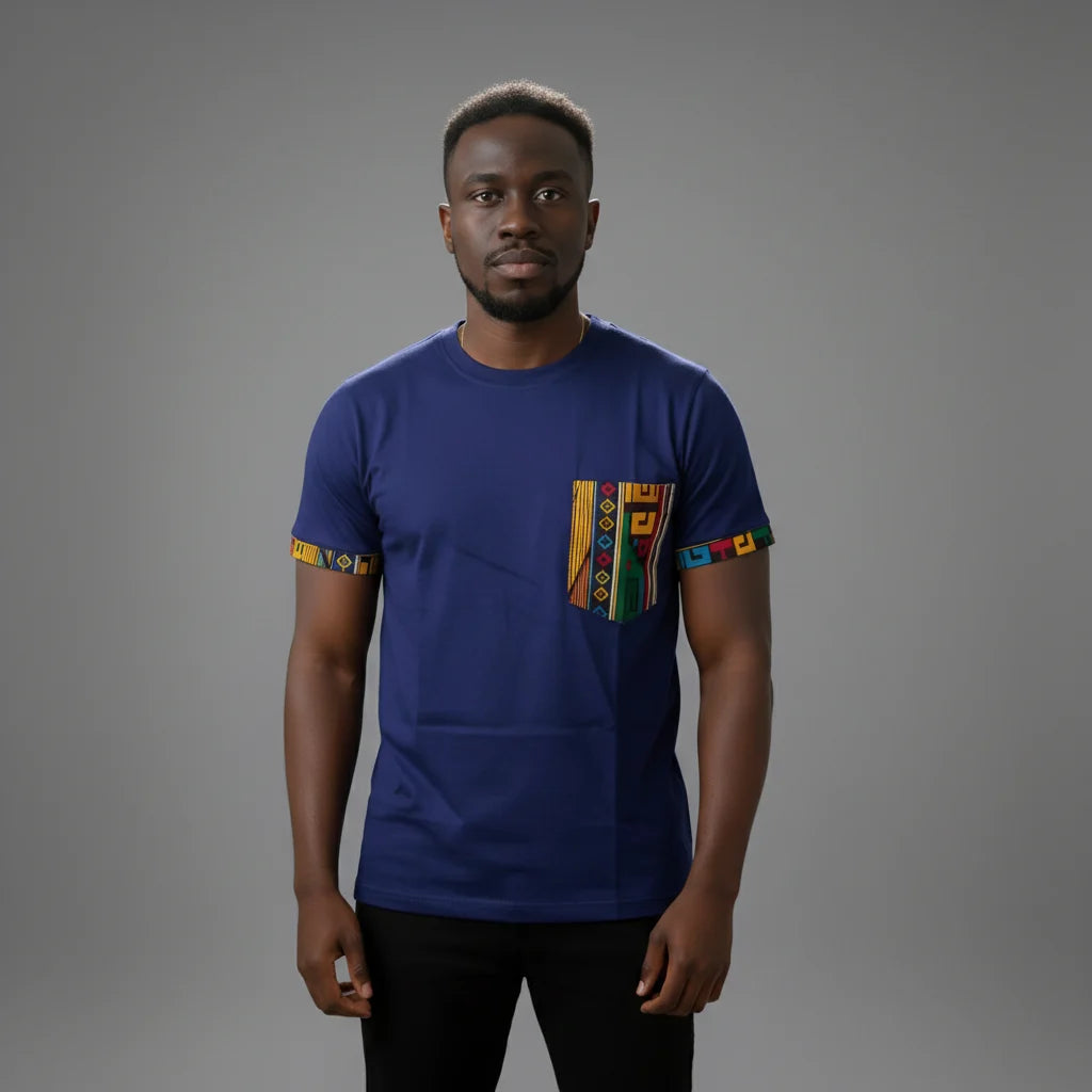 Unisex crewneck t-shirt with African print - blue pocket