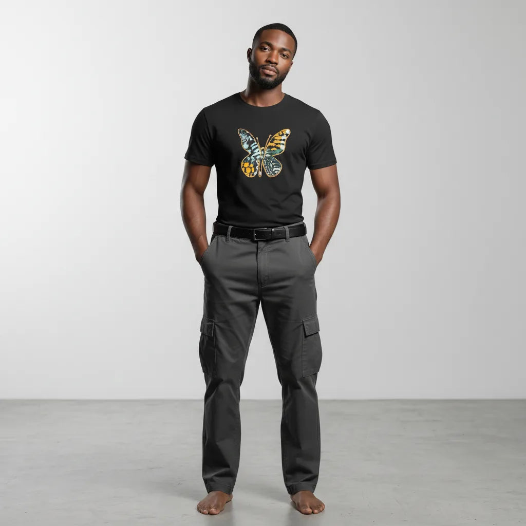 Man wearing a black t-shirt with a butterfly design and gray cargo pants on a white background
