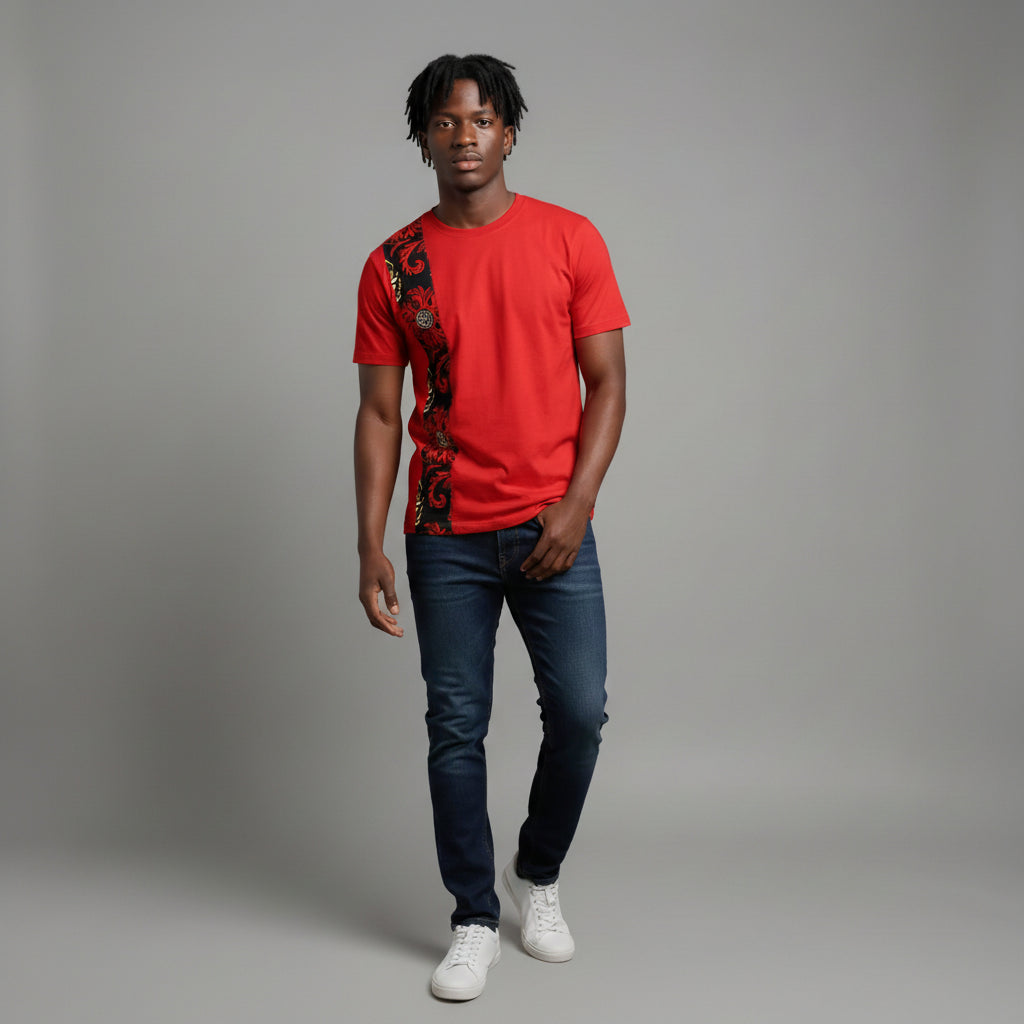 Unisex crewneck t-shirt with African print - red panel