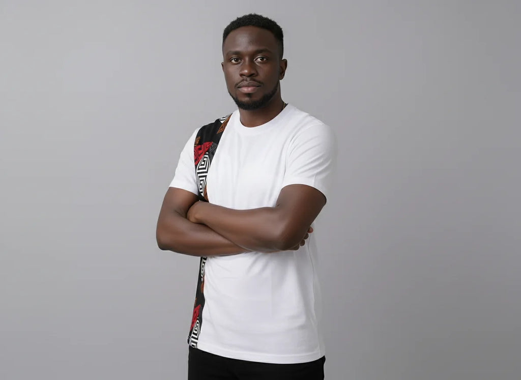 Unisex crewneck t-shirt with African print - white panel