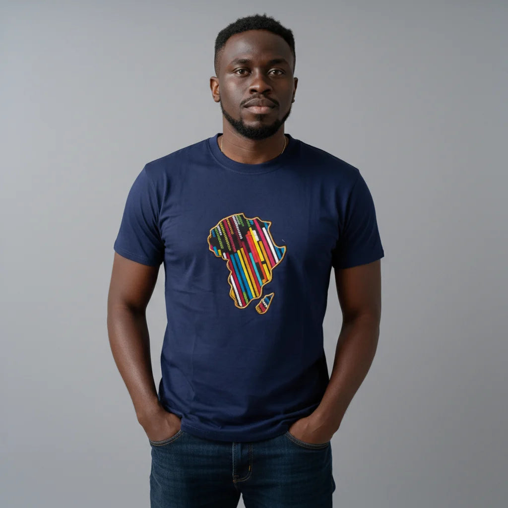 Unisex crewneck t-shirt with African print - navy chest