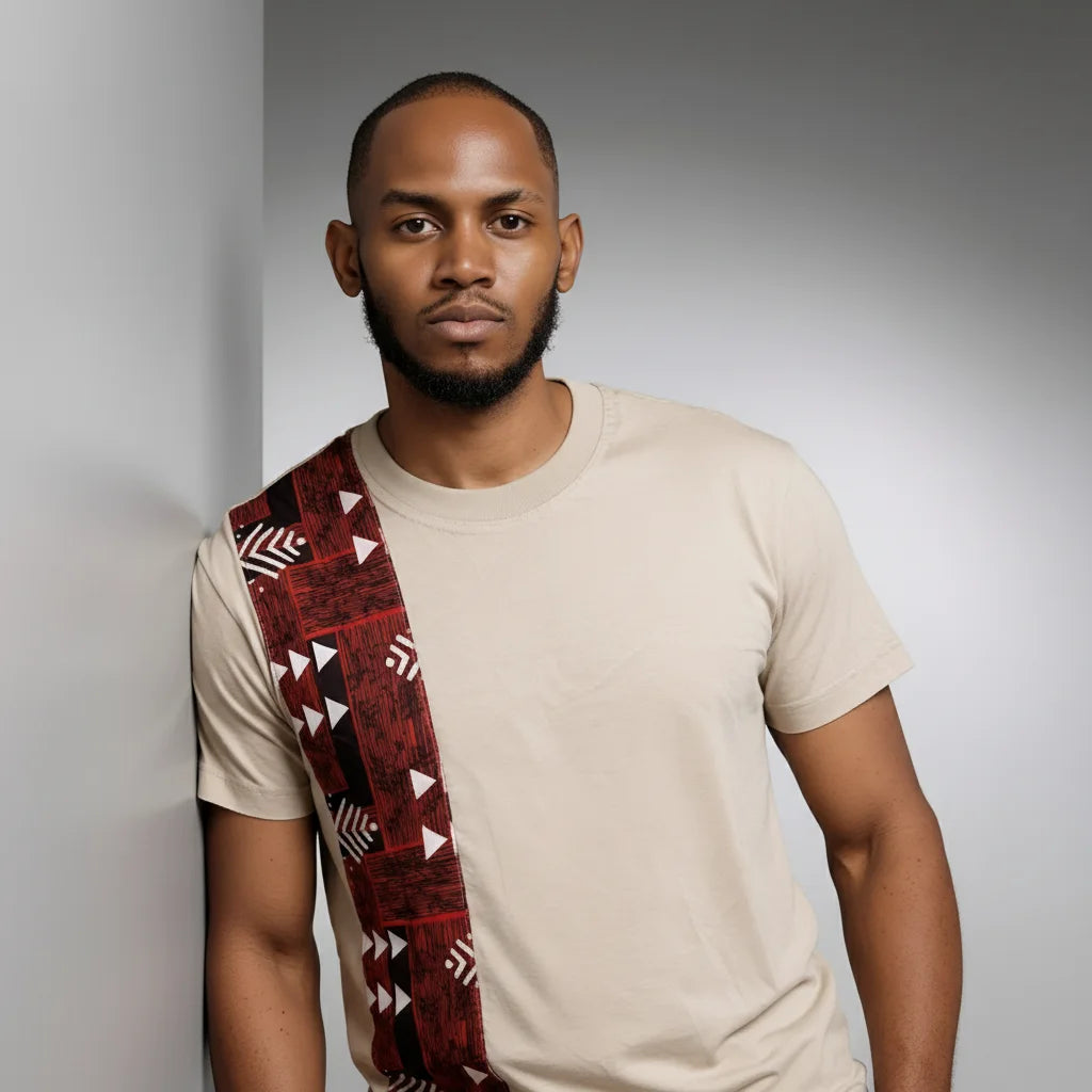 Unisex crewneck t-shirt with African print - ecru panel