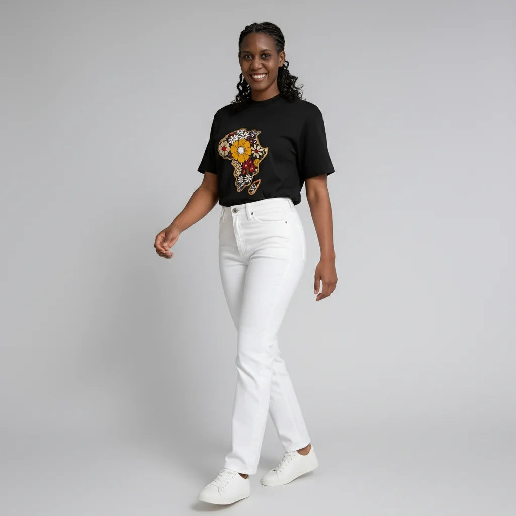 Unisex crewneck t-shirt with African print - black map