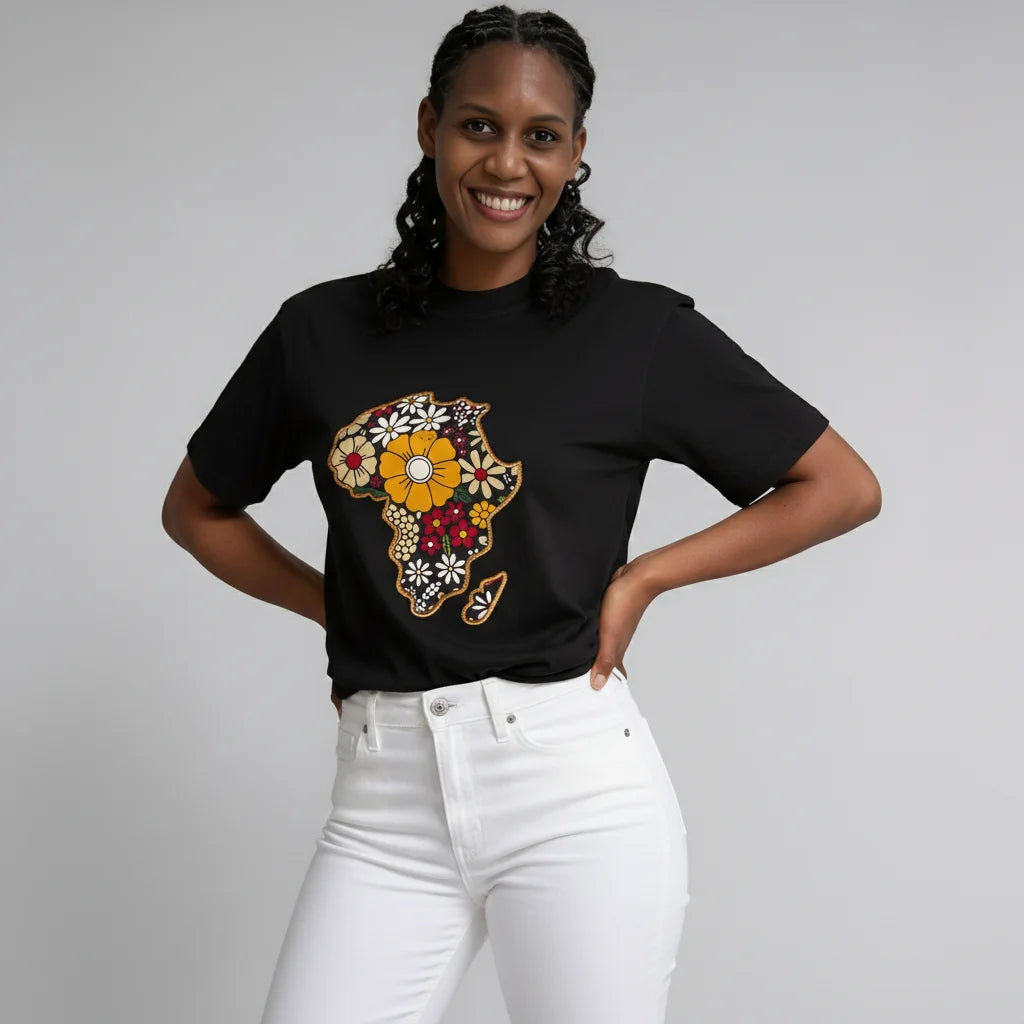 Unisex crewneck t-shirt with African print - black map
