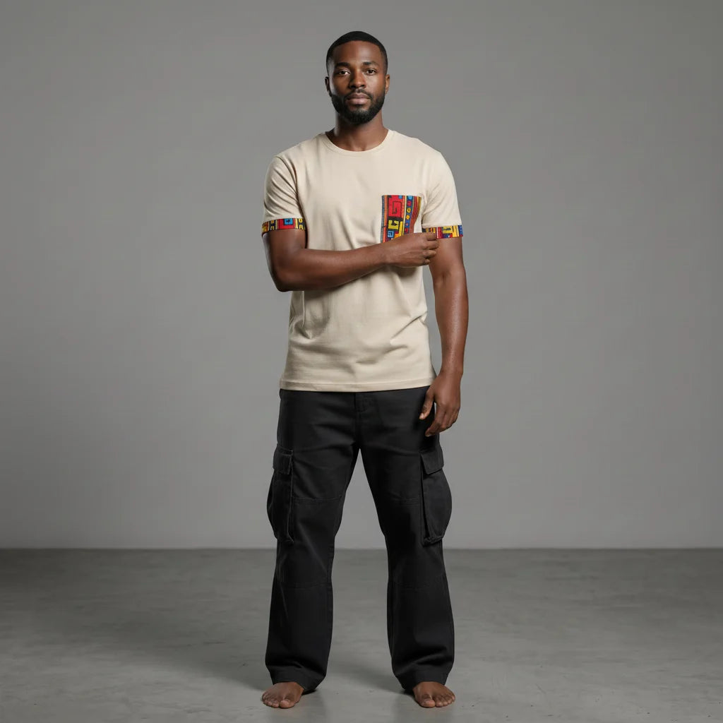 Unisex crewneck t-shirt with African print - ecru pocket
