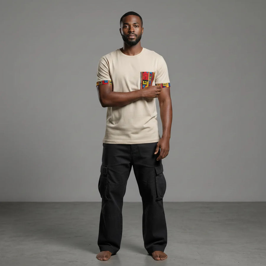 Unisex crewneck t-shirt with African print - ecru pocket