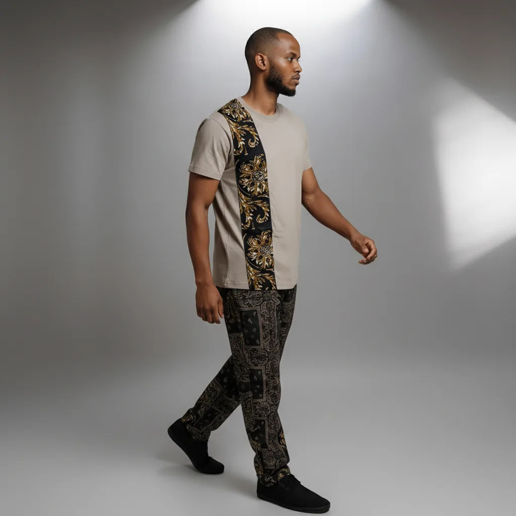 Unisex crewneck t-shirt with African print - golden panel