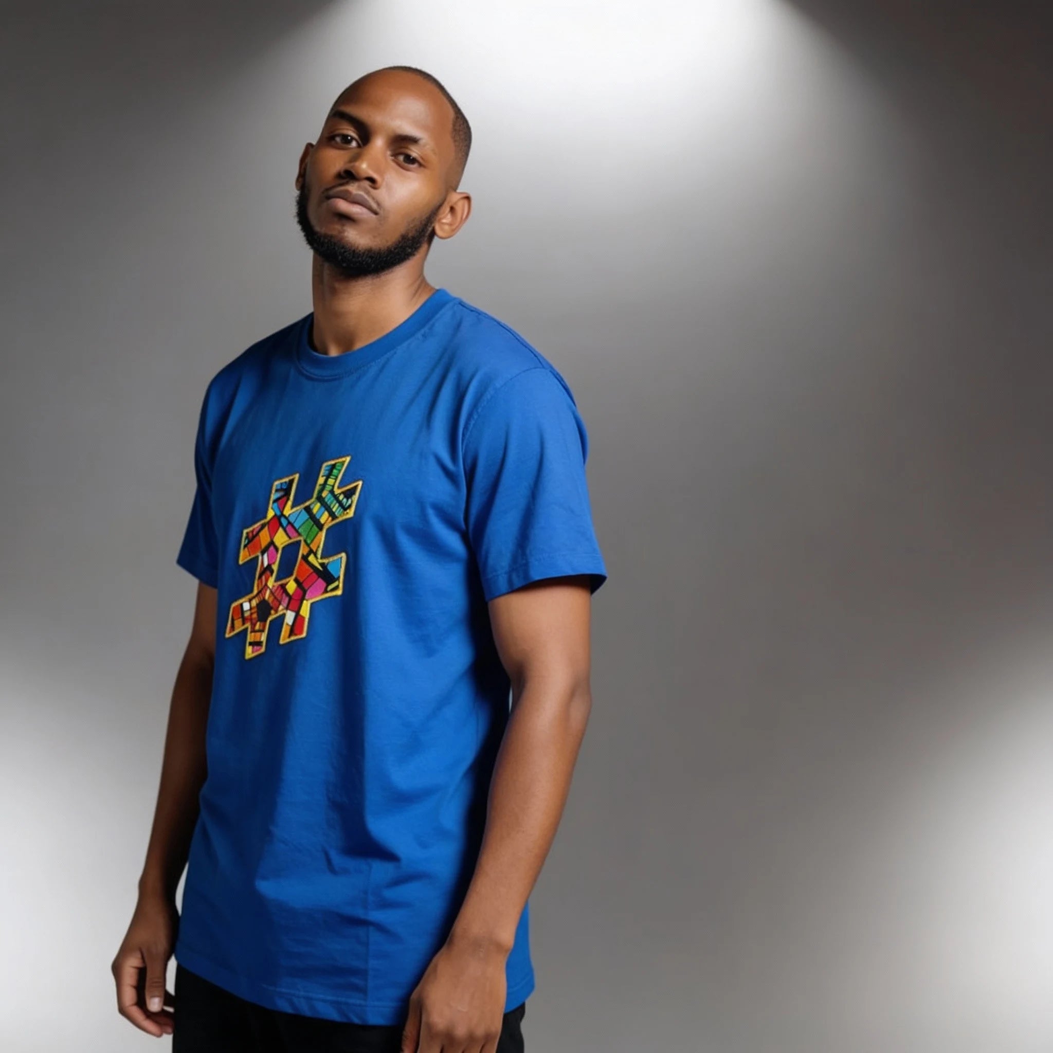 Unisex crewneck t-shirt with African print - blue hashtag