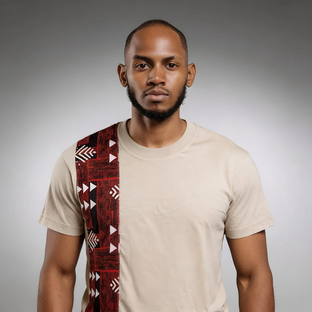 Unisex crewneck t-shirt with African print - ecru panel