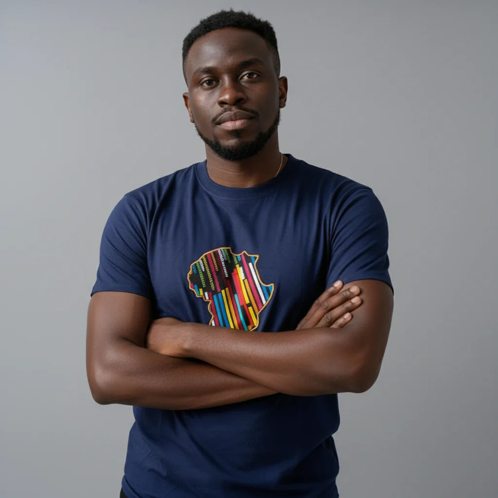 Unisex crewneck t-shirt with African print - navy chest