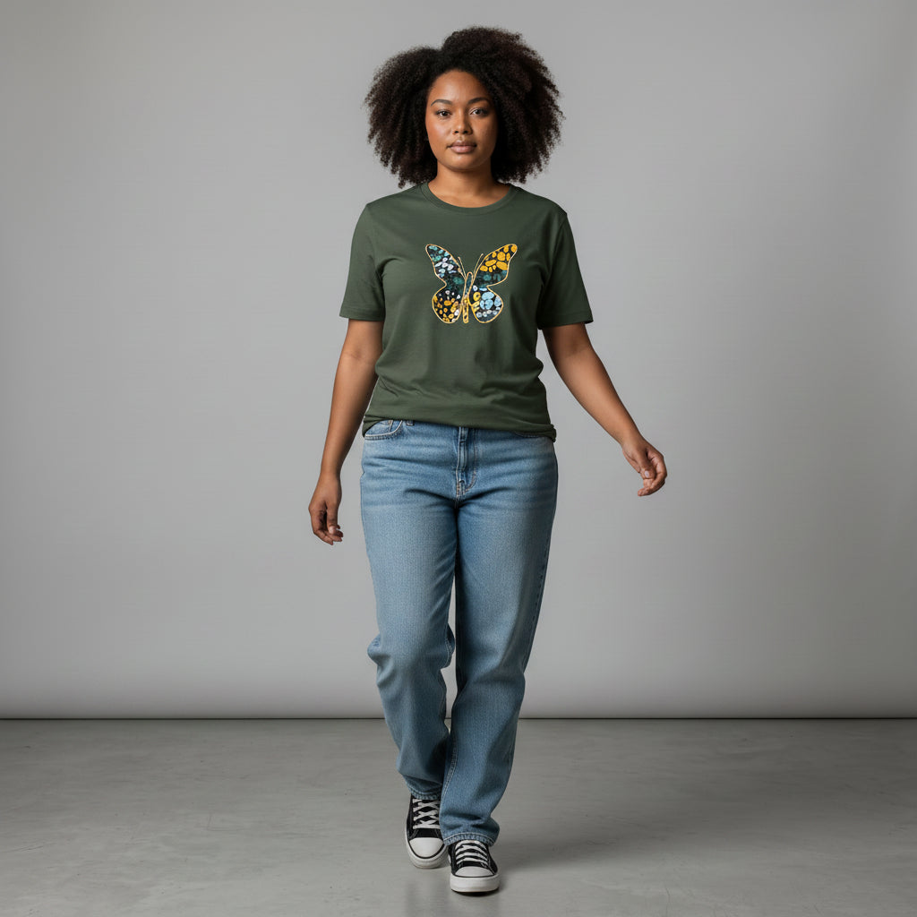 Unisex crewneck t-shirt with African print - green butterfly