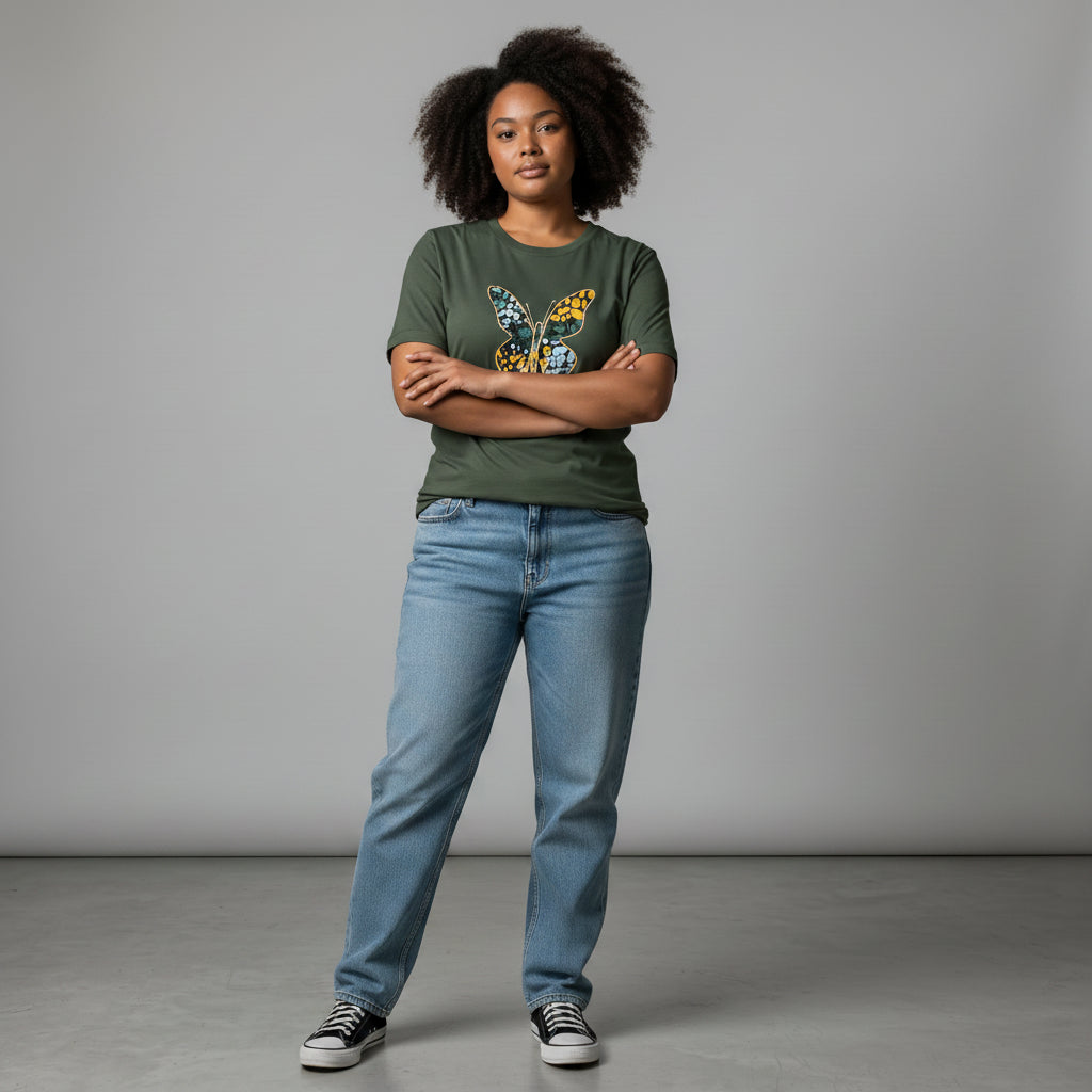 Unisex crewneck t-shirt with African print - green butterfly