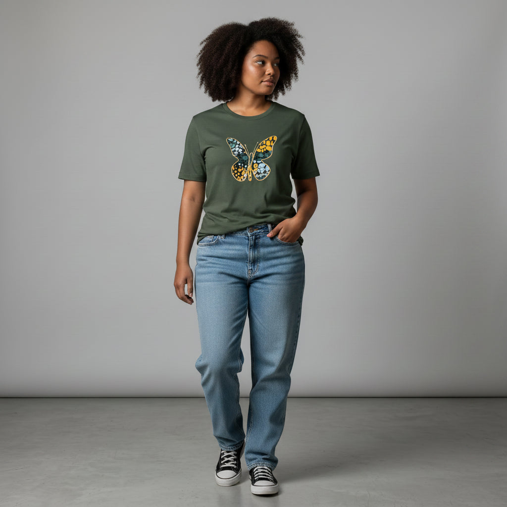 Unisex crewneck t-shirt with African print - green butterfly