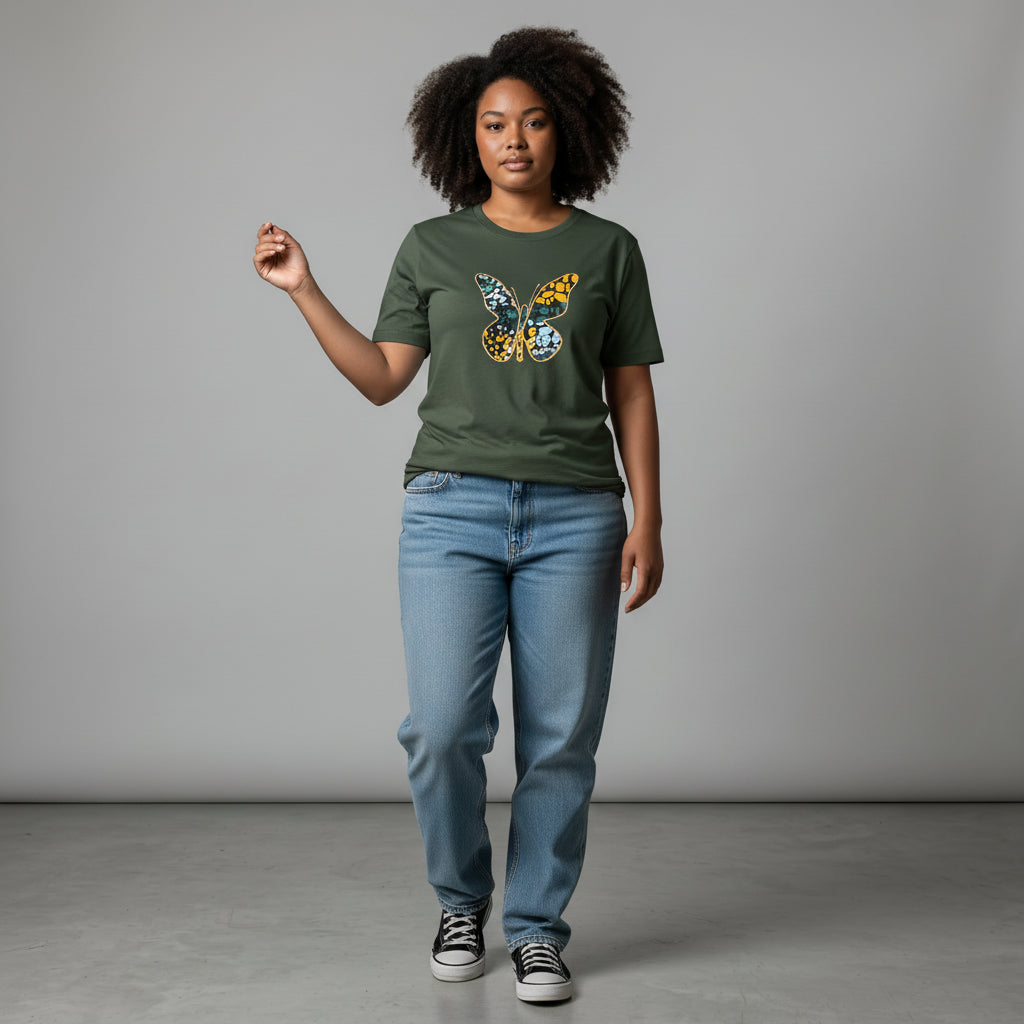 Unisex crewneck t-shirt with African print - green butterfly
