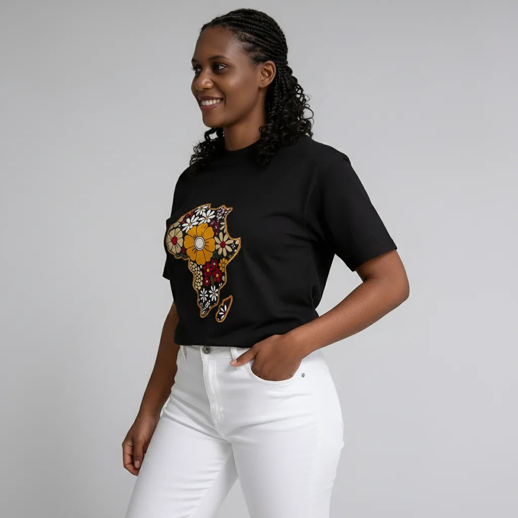 Unisex crewneck t-shirt with African print - black map