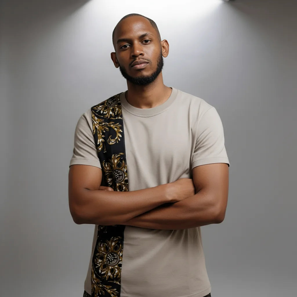 Unisex crewneck t-shirt with African print - golden panel