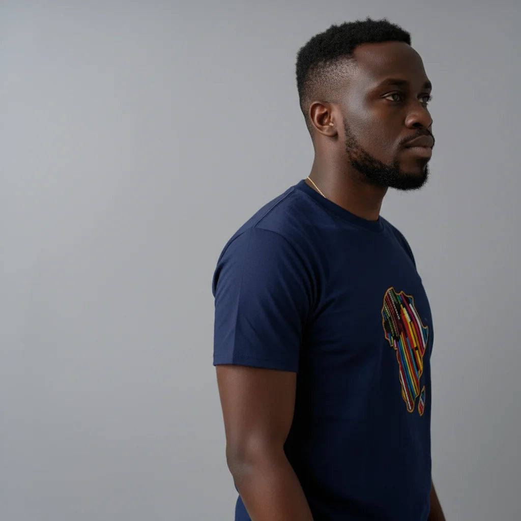 Unisex crewneck t-shirt with African print - navy chest