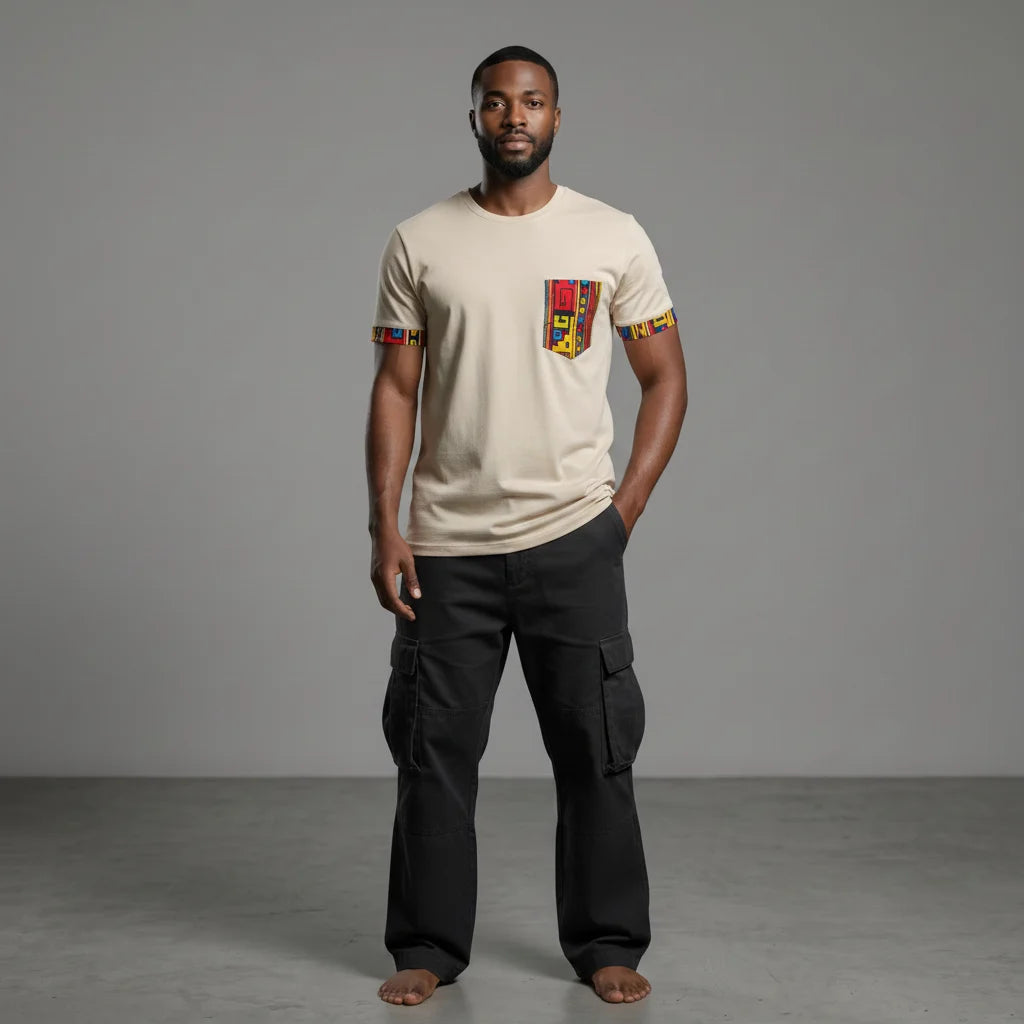 Unisex crewneck t-shirt with African print - ecru pocket