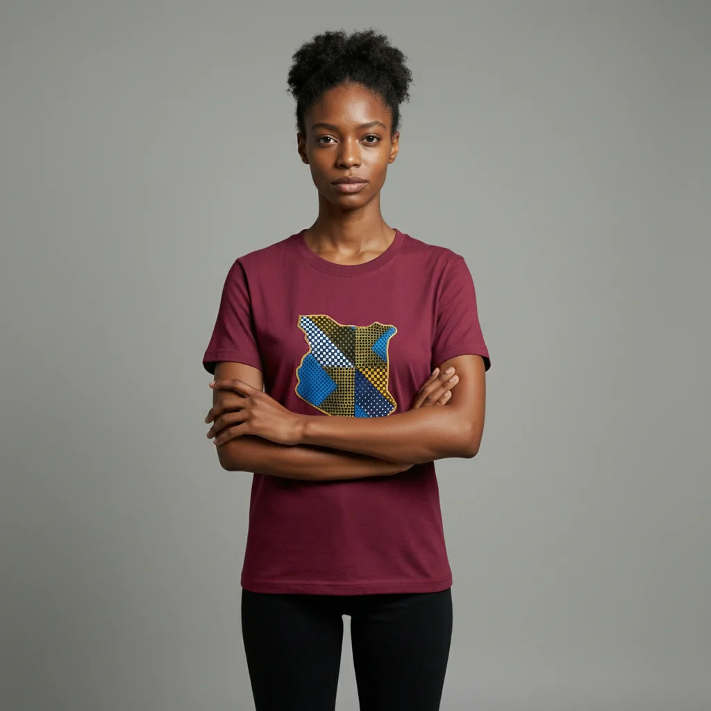 Unisex crewneck t-shirt with African print - maroon map